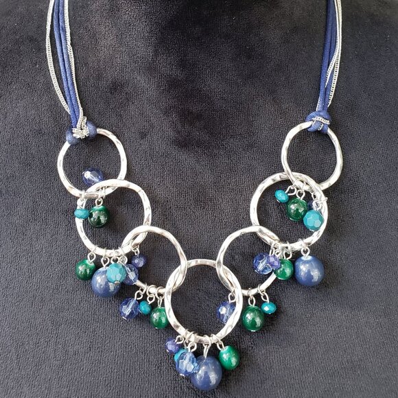 Women Silver Tone Multi Gems & Beads Circle Link V Shape Necklace with Lobster - Picture 1 of 6